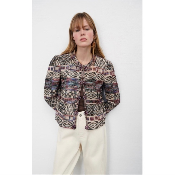 Zara Jackets & Blazers - NWT ZARA Cropped Geometric Multicolor Embroidered Wool Blend Jacket Sz S